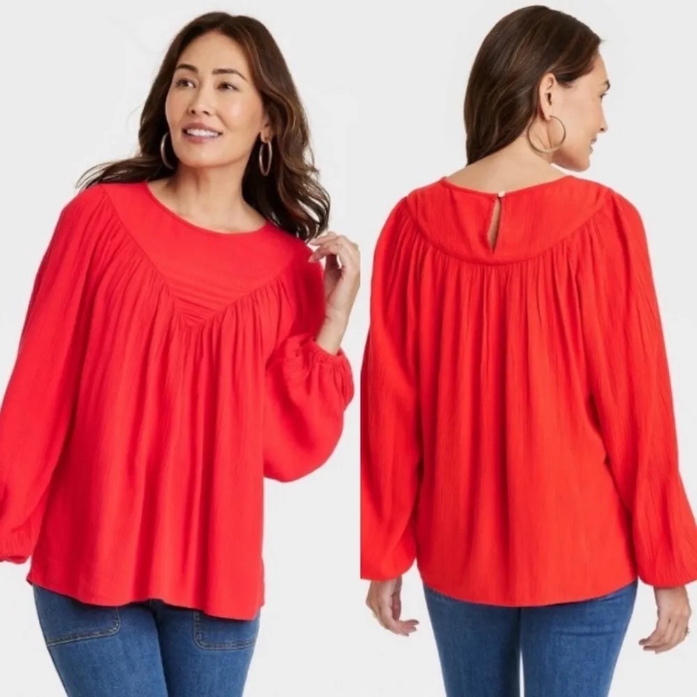 Knox Rose Red Bishop Long Sleeve Peasant Blouse Top Women’s Size M